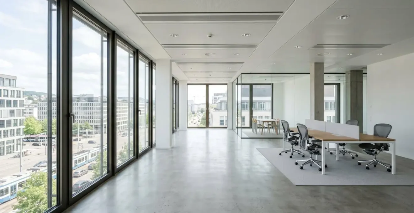 Weitwinkelaufnahme eines hellen, zeitgenössischen Büroraums mit grossen Fenstern und klaren Linien, menschenleer