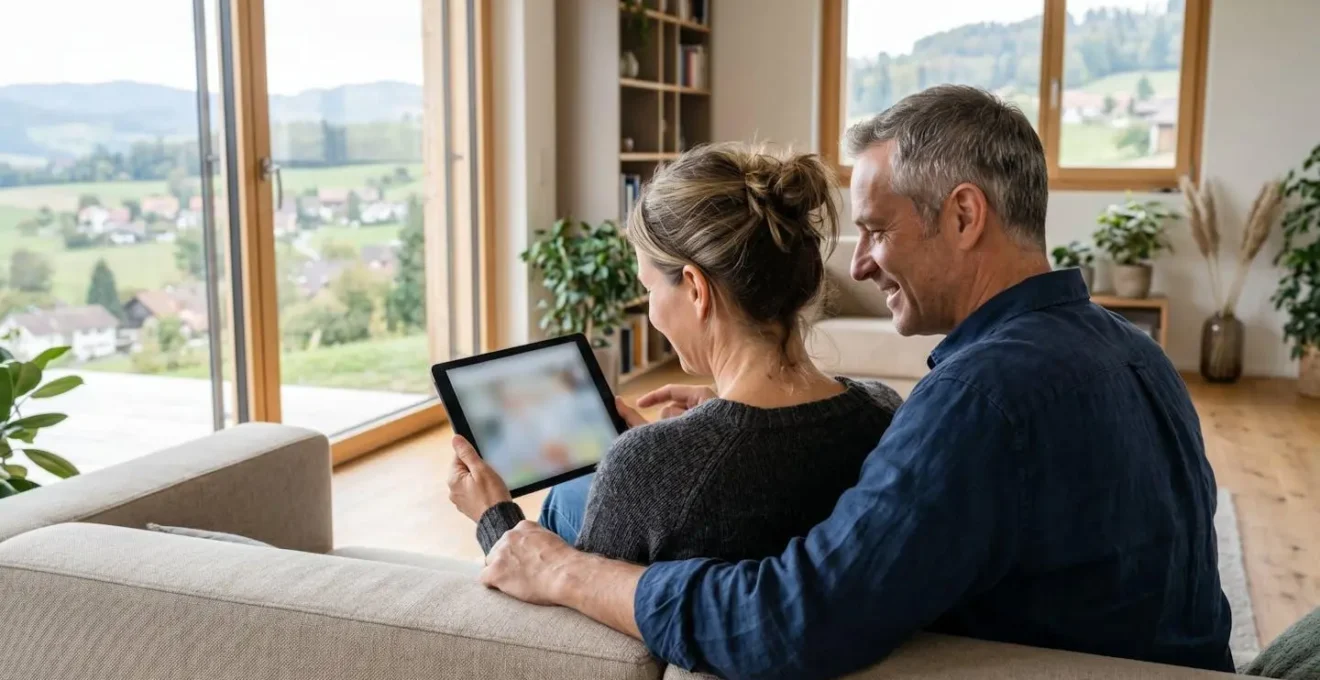 Ein Paar mittleren Alters sitzt entspannt auf einem modernen Sofa und blickt gemeinsam auf ein Tablet, dessen Bildschirm unscharf bleibt