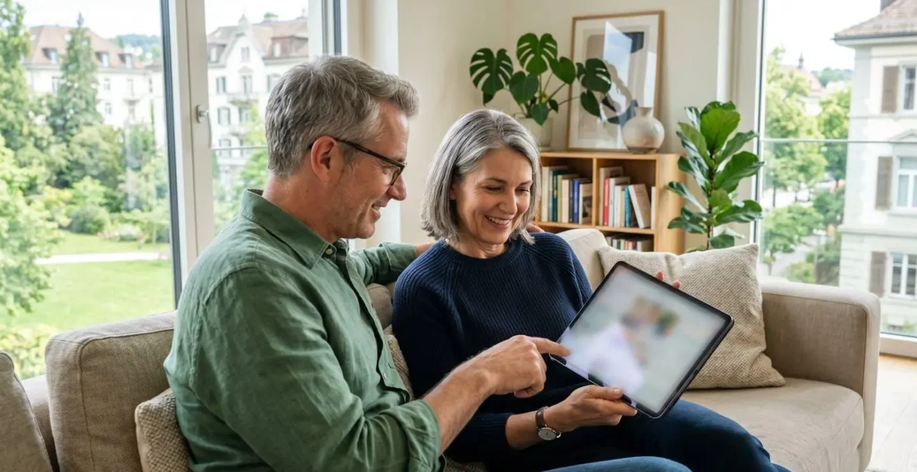 Ein Paar mittleren Alters sitzt entspannt auf einem modernen Sofa und blickt gemeinsam auf ein Tablet, dessen Bildschirm unscharf bleibt