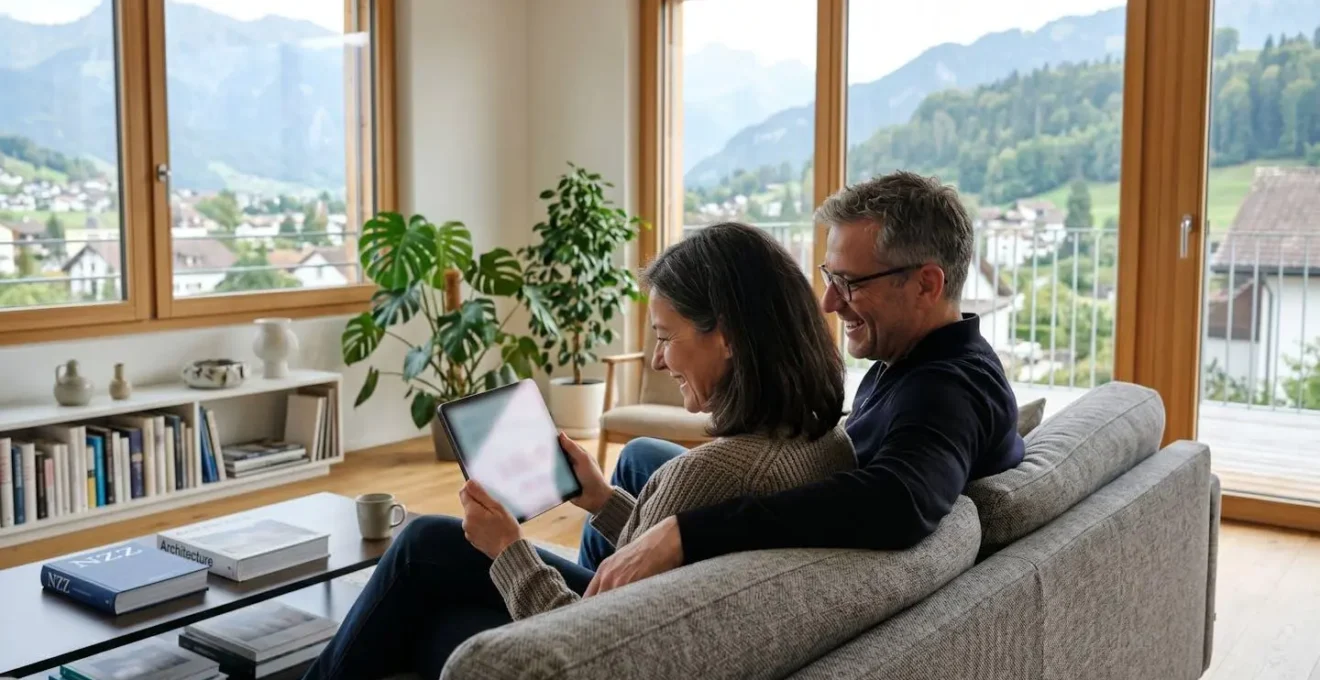 Ein Paar mittleren Alters sitzt entspannt auf einem modernen Sofa und blickt gemeinsam auf ein Tablet, dessen Bildschirm unscharf bleibt