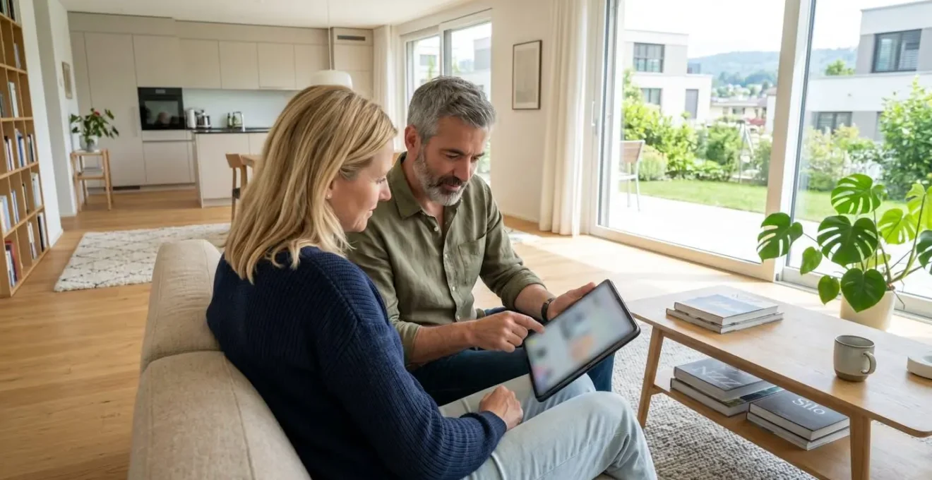 Ein Paar mittleren Alters sitzt entspannt auf einem modernen Sofa und blickt gemeinsam auf ein Tablet, dessen Bildschirm unscharf bleibt