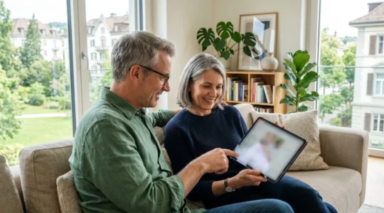 Ein Paar mittleren Alters sitzt entspannt auf einem modernen Sofa und blickt gemeinsam auf ein Tablet, dessen Bildschirm unscharf bleibt