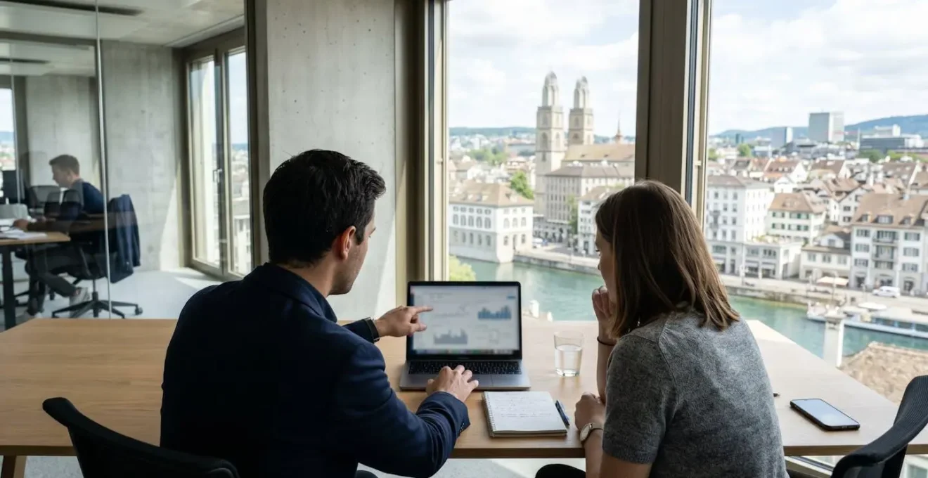 Zwei Fachleute von hinten gesehen arbeiten gemeinsam an einem Laptop in einem modernen Büro mit hellen Fenstern