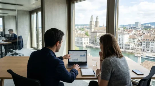 Zwei Fachleute von hinten gesehen arbeiten gemeinsam an einem Laptop in einem modernen Büro mit hellen Fenstern